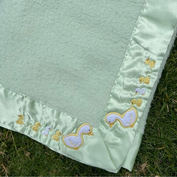 VTG Springmaid Baby Satin Trim Ducks-In-A-Row Baby Blanket Green Bamboo Blend - Picture 5 of 11
